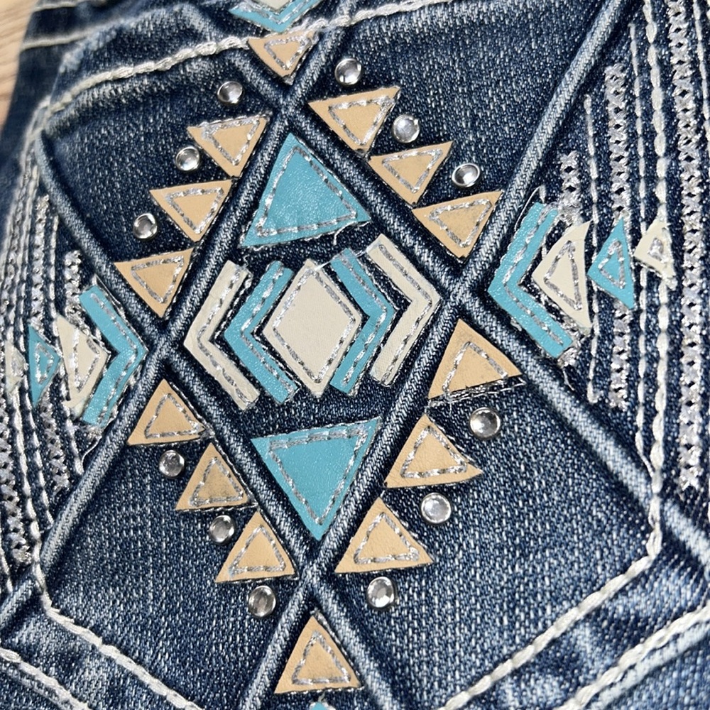 ROCK&ROLL‎ DENIM MID RISE STRETCH AZTEC LEATHER EMBROIDERED BOOTCUT JEANS -28x34 - Picture 11 of 12
